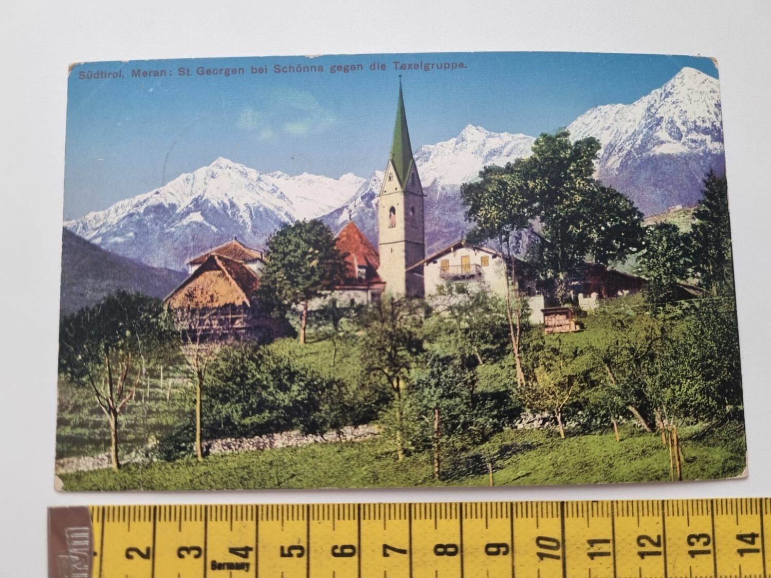 Äldre vykort, Südtirol, Meran: St. Georgen bei Schöpna gegen die Texelgruppe