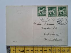 Äldre vykort, stämplat 1935. 3 st frimärken 5 öre, stående lejon