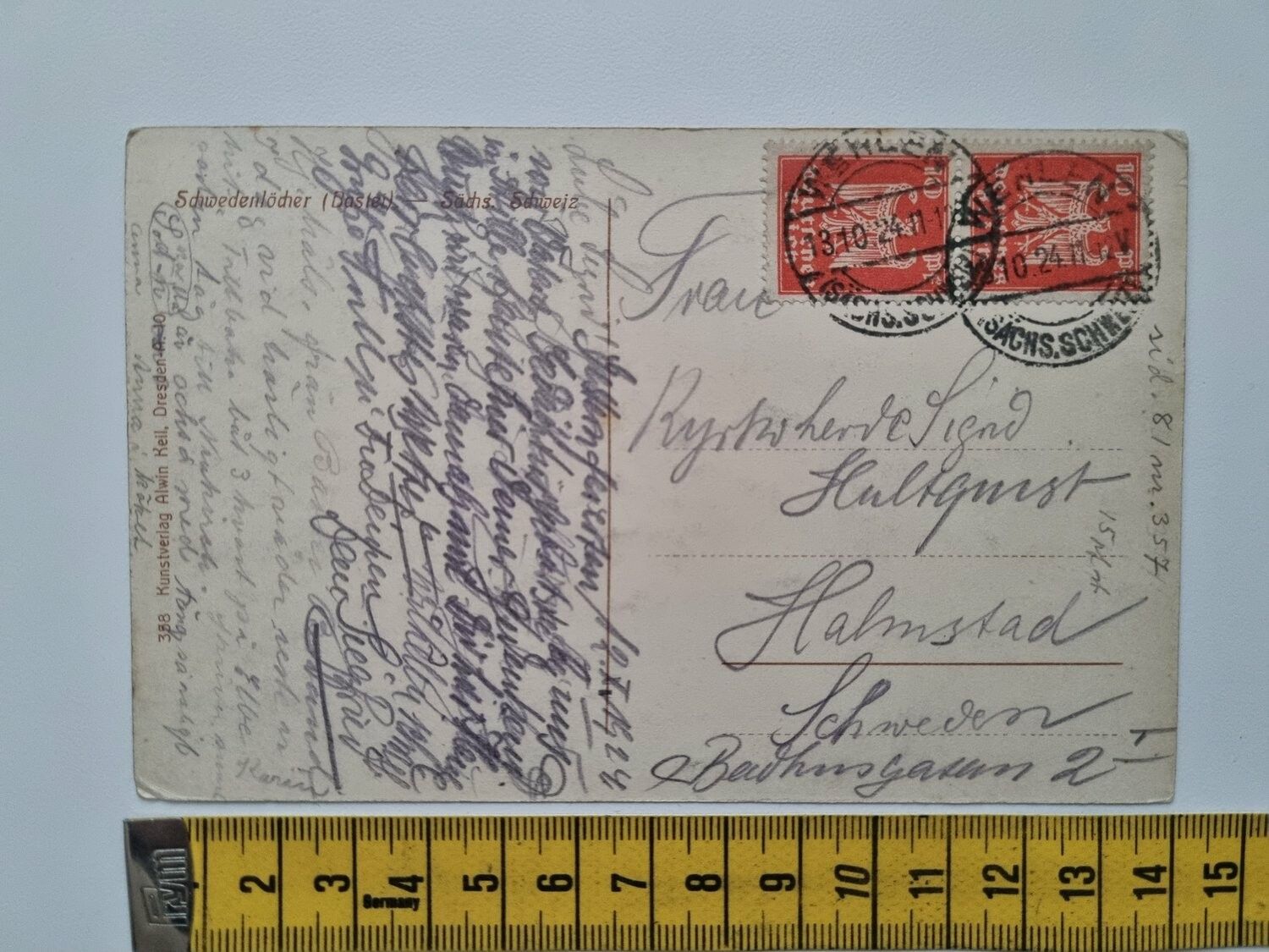 Äldre vykort, stämplat 1924. Adresserat Halmstad