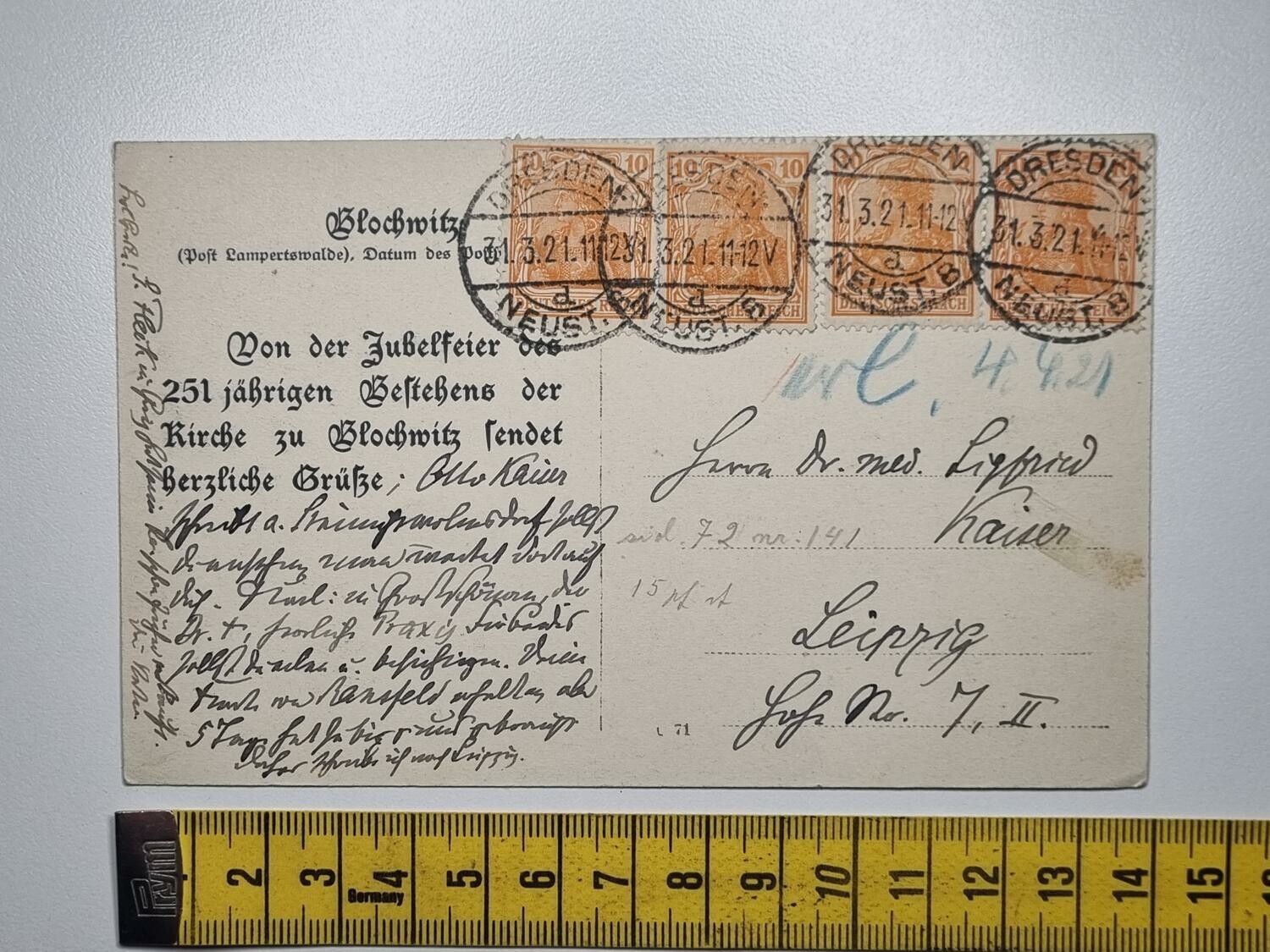 Äldre vykort, Inneres der Kirche zu Blochwitz, 1921