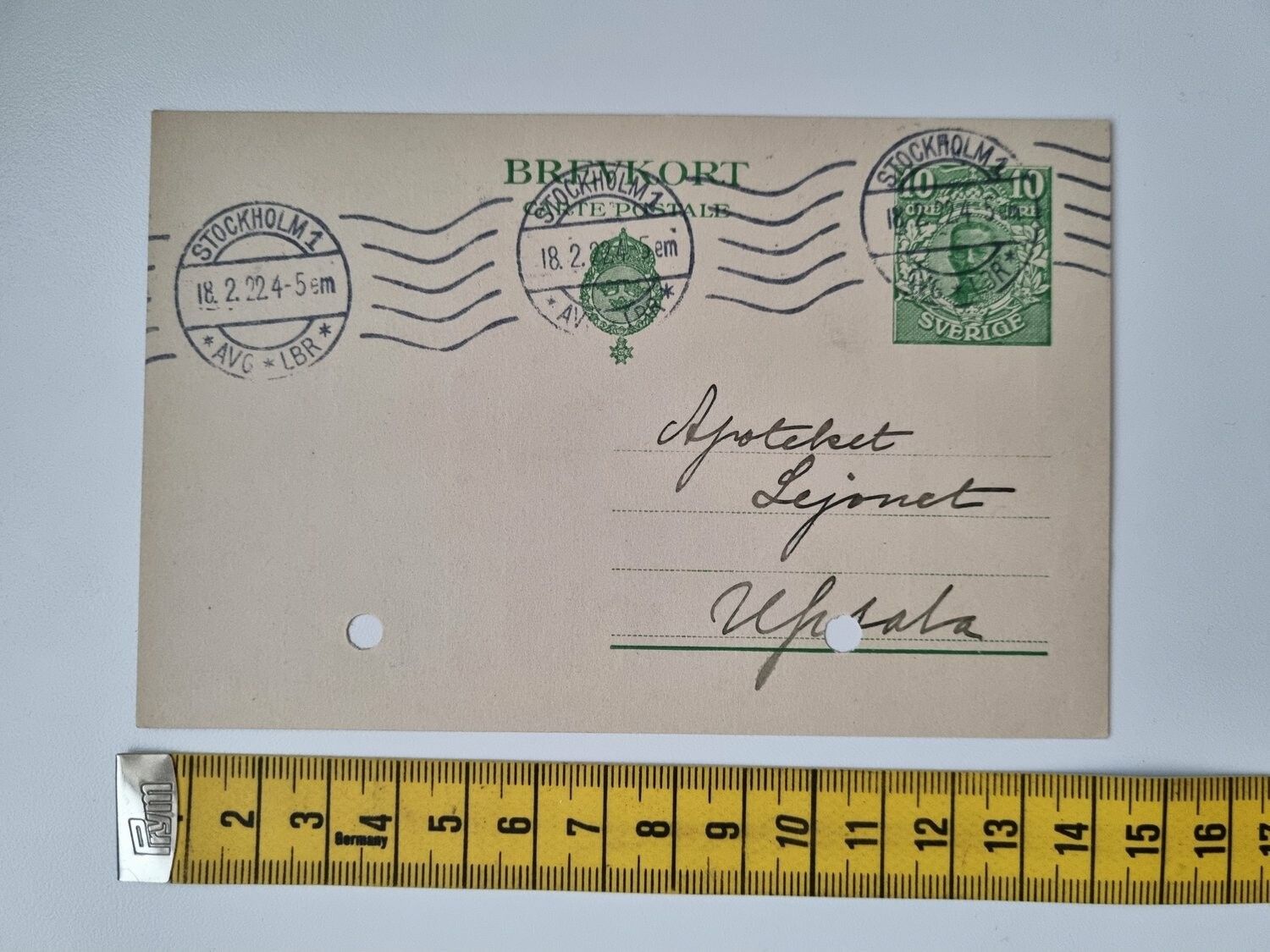 Äldre brevkort, hålstämplat. Stockholm 1922