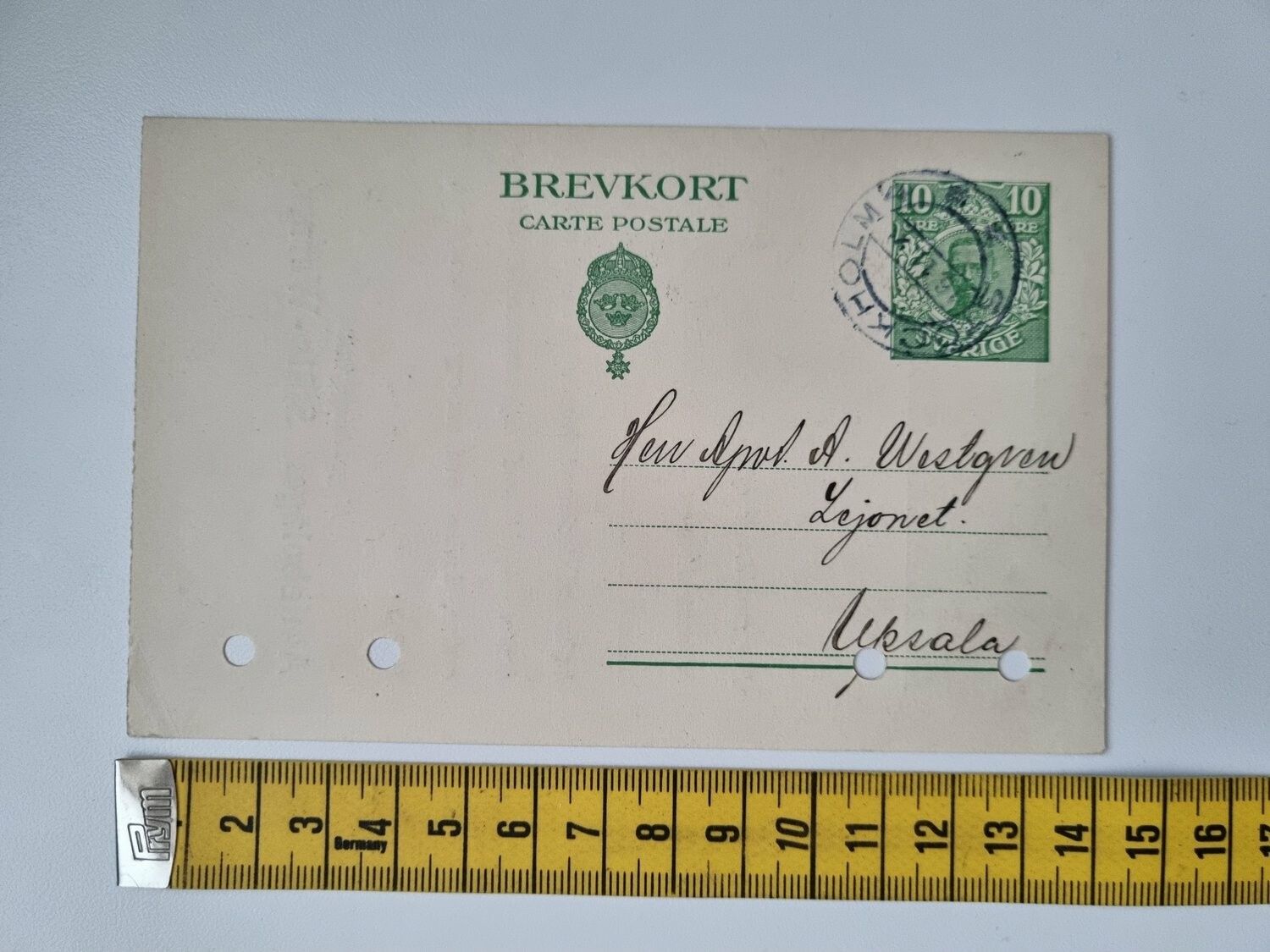 Äldre brevkort, hålstämplat. Stockholm 1921