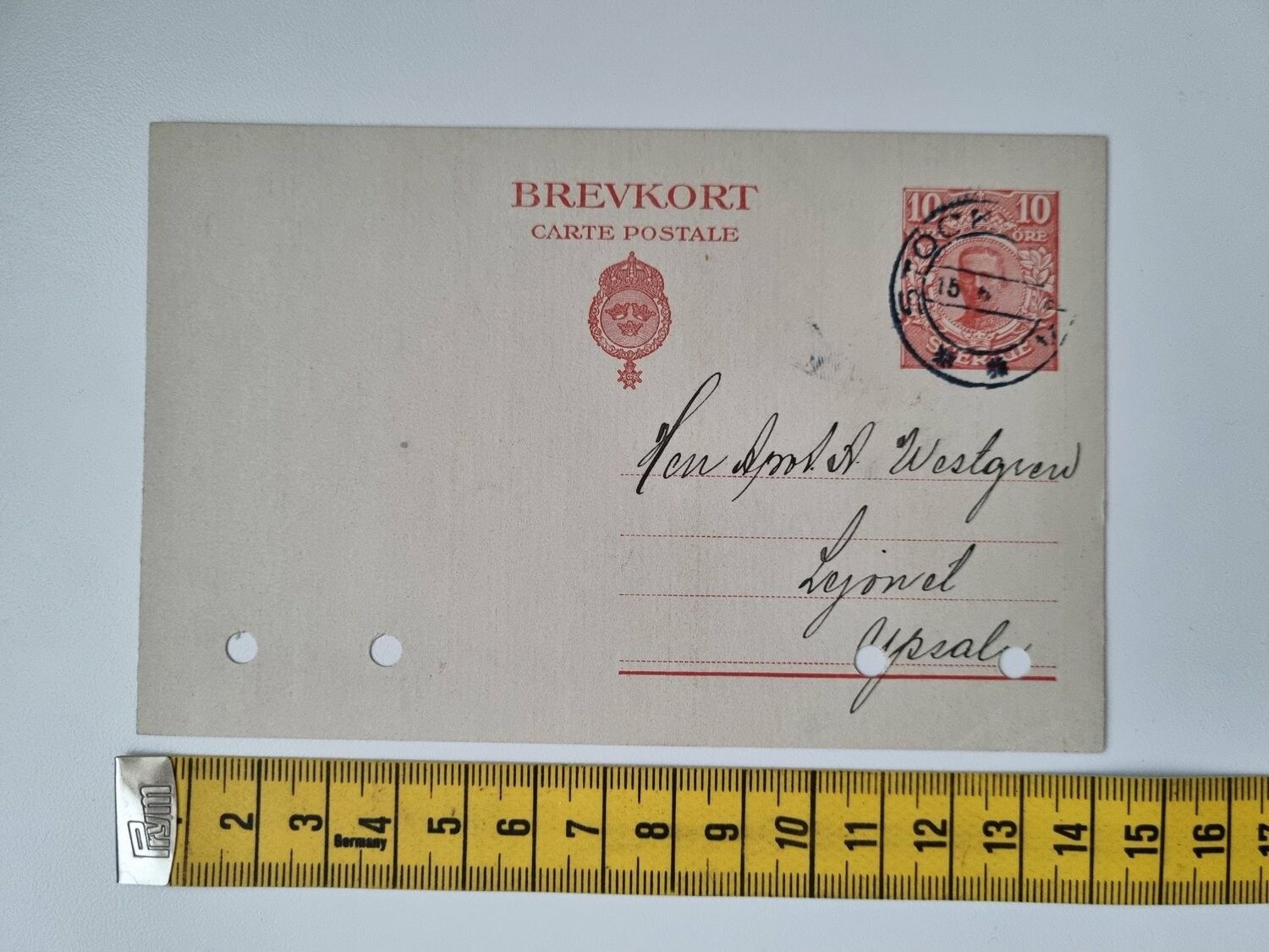 Äldre brevkort till uppsala. Hålstämplat 1921