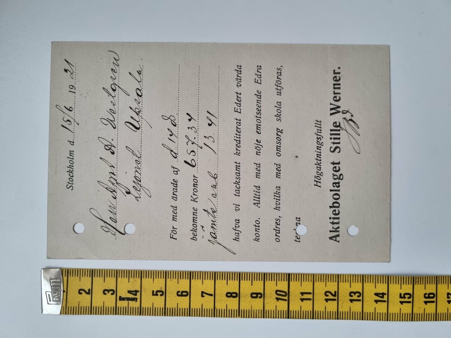 Äldre brevkort till uppsala. Hålstämplat 1921