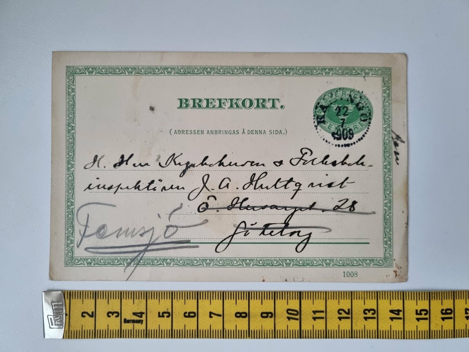 Äldre brefkort till Femsjö, 1909