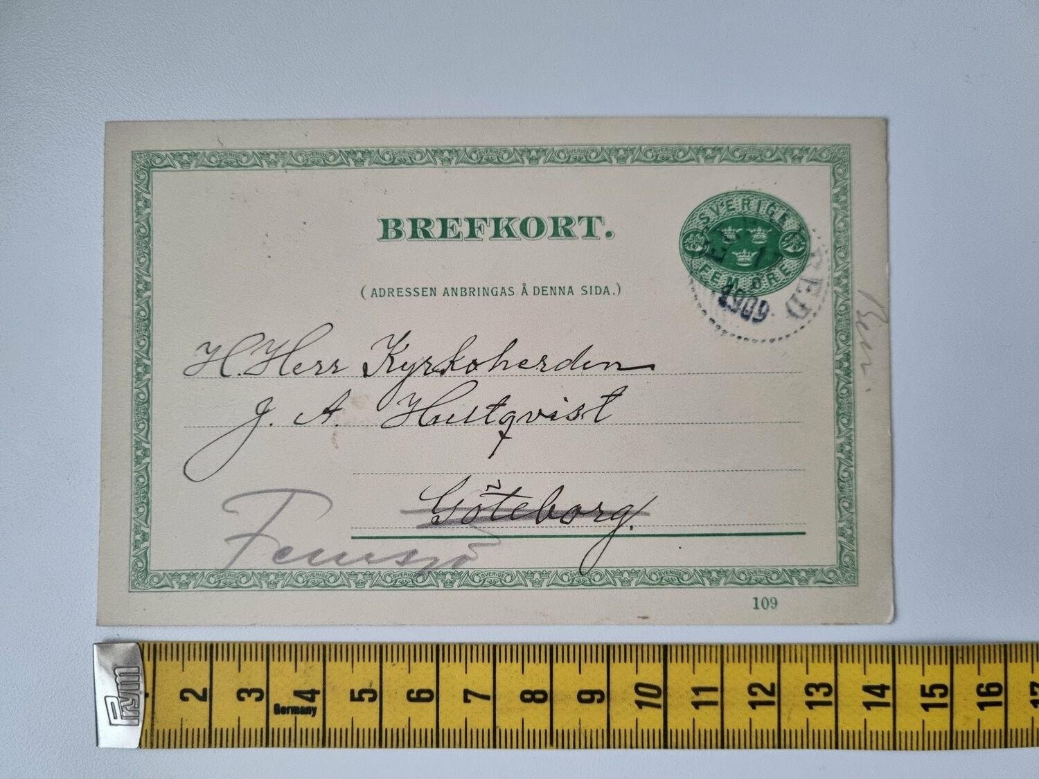 Äldre brefkort sänt till Göteborg 1909