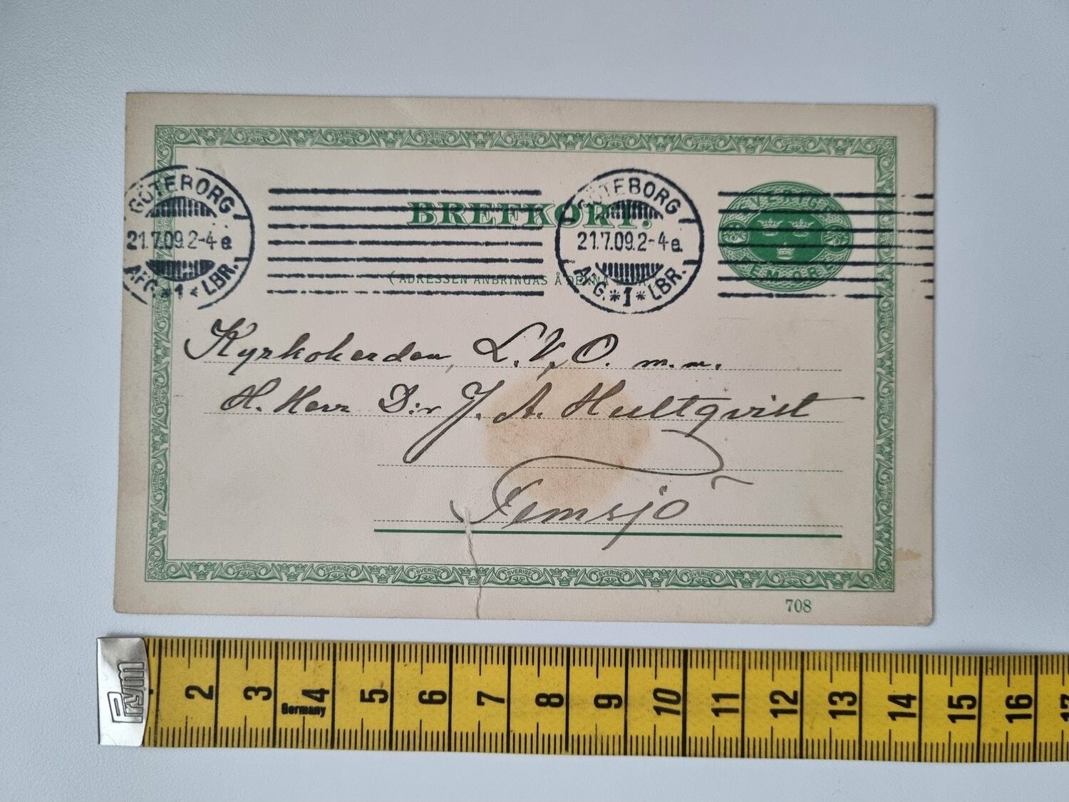 Äldre brefkort från Göteborg till Femsjö. Stämplat 1909