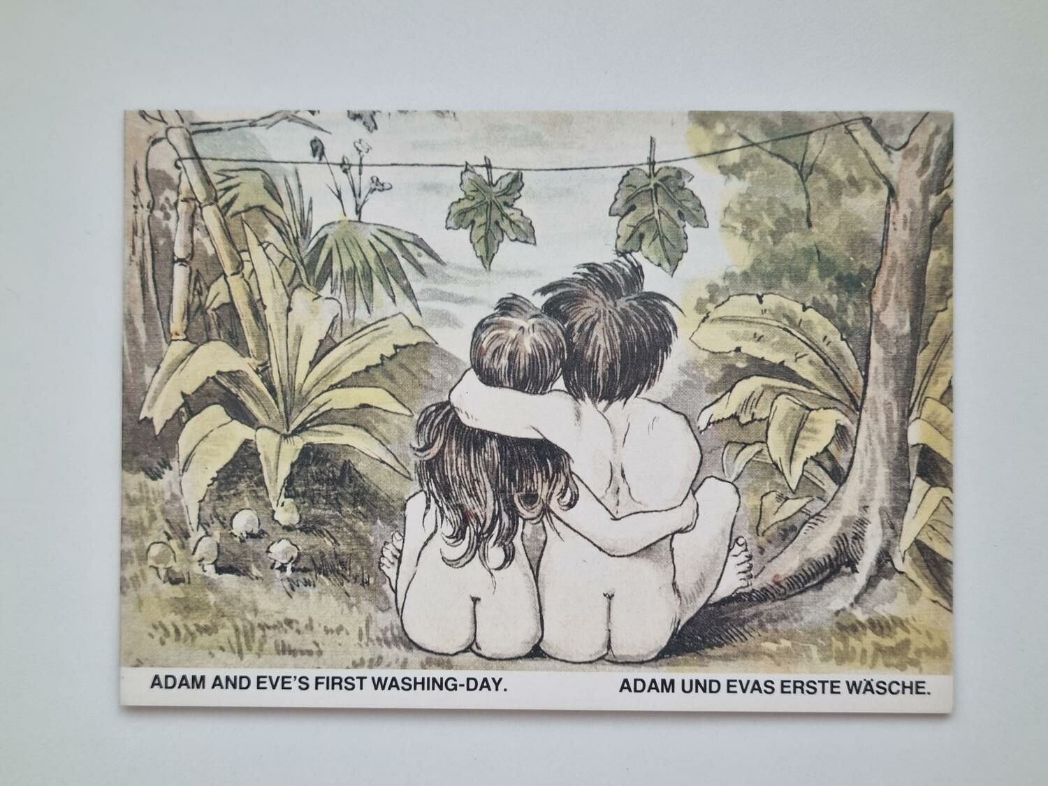 Vykort - Adam and Eve's first washing-day