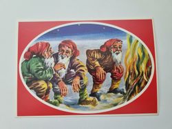 Vykort - Julkort,  tomtar vid tomtebrasa