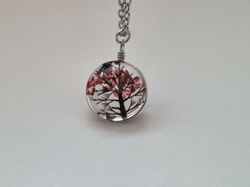 Halsband - Rund glasberlock med ett målat träd inuti (45 cm lång kedja)