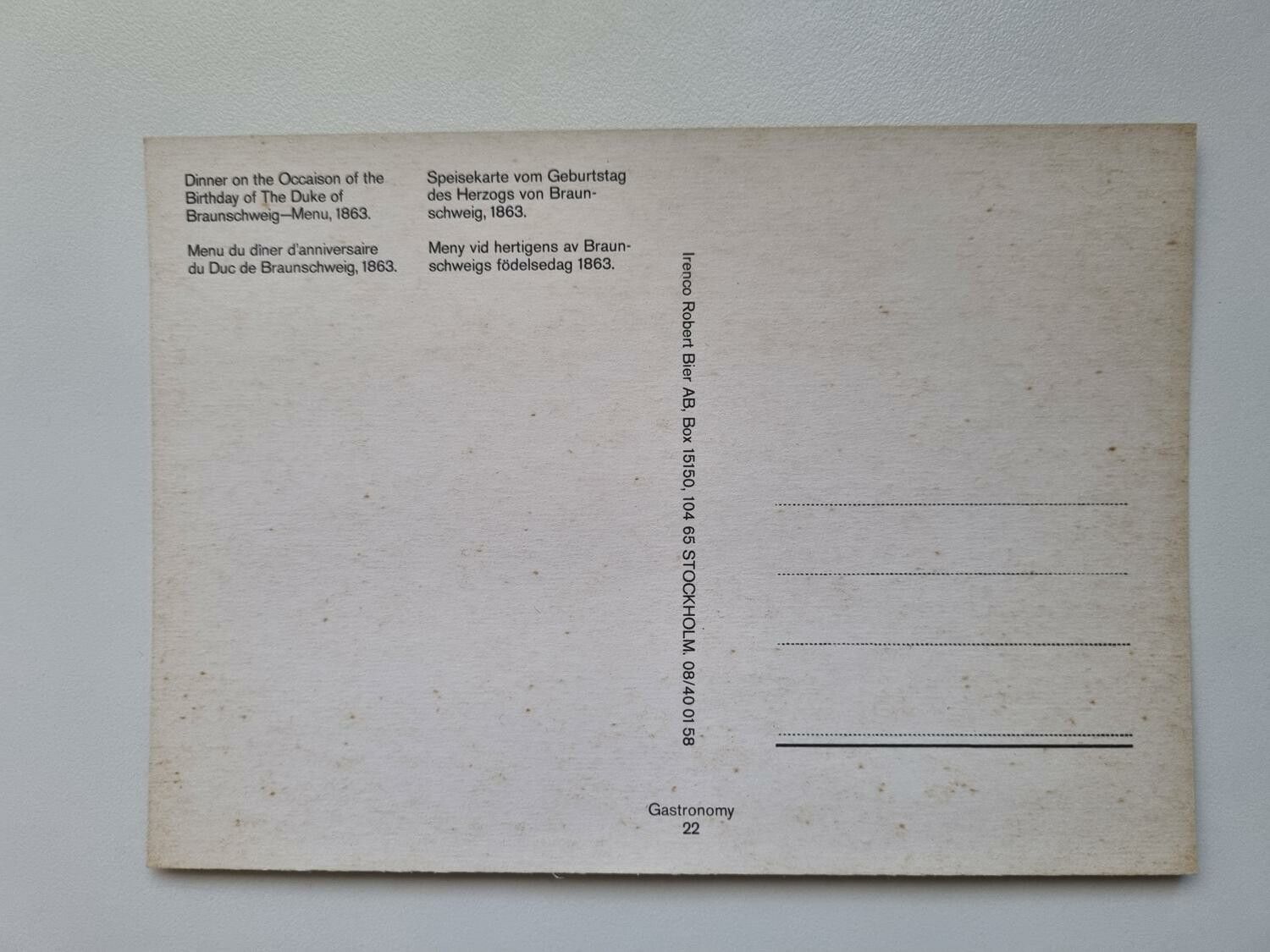 Vykort - Meny vid hertigens av Braunschweigs födelsedag 1863