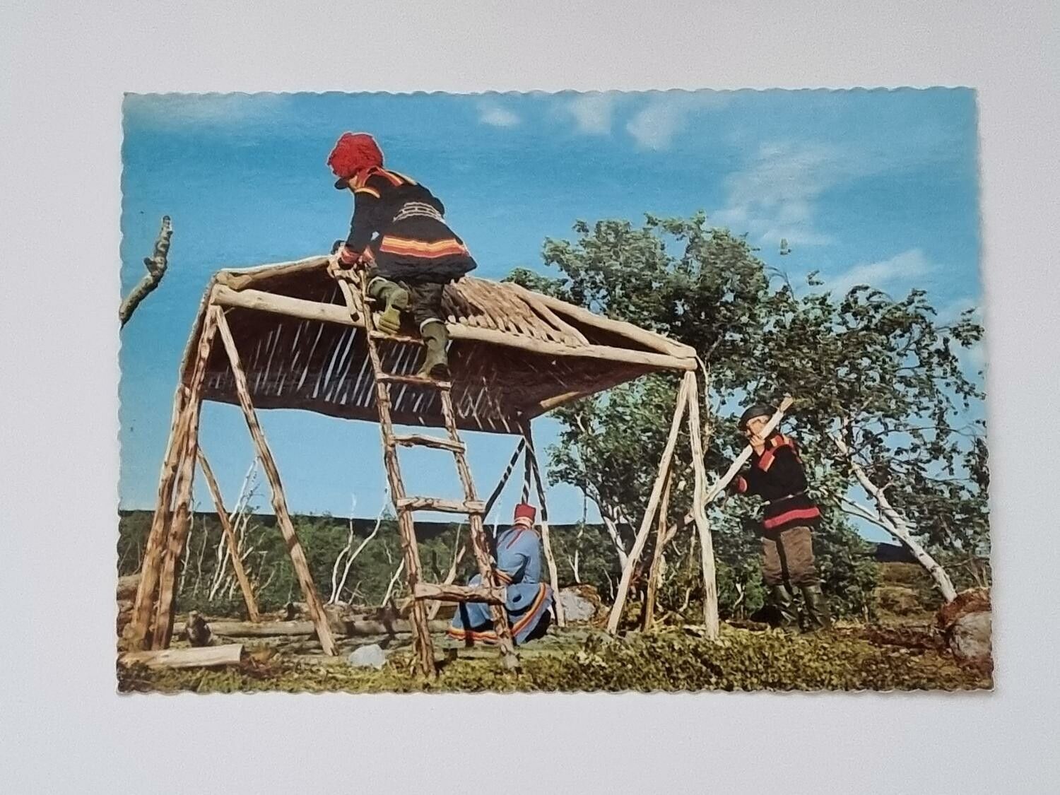 Vykort - Lappar bygger kåta