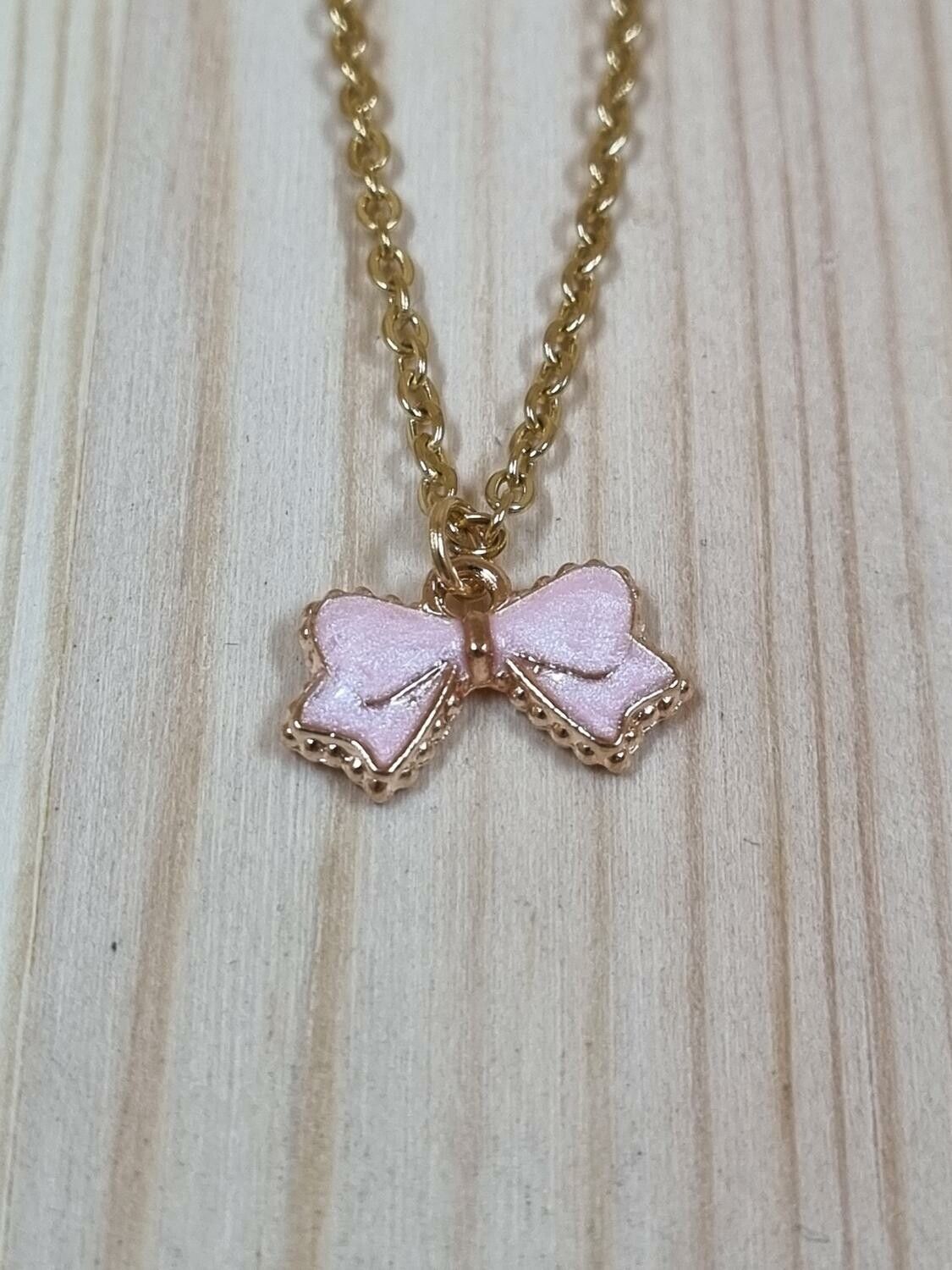 Halsband (45 cm) i rostfritt stål med söt berlock - Rosa rosett