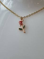 Halsband (45 cm) i rostfritt stål med söt berlock - Röd ros