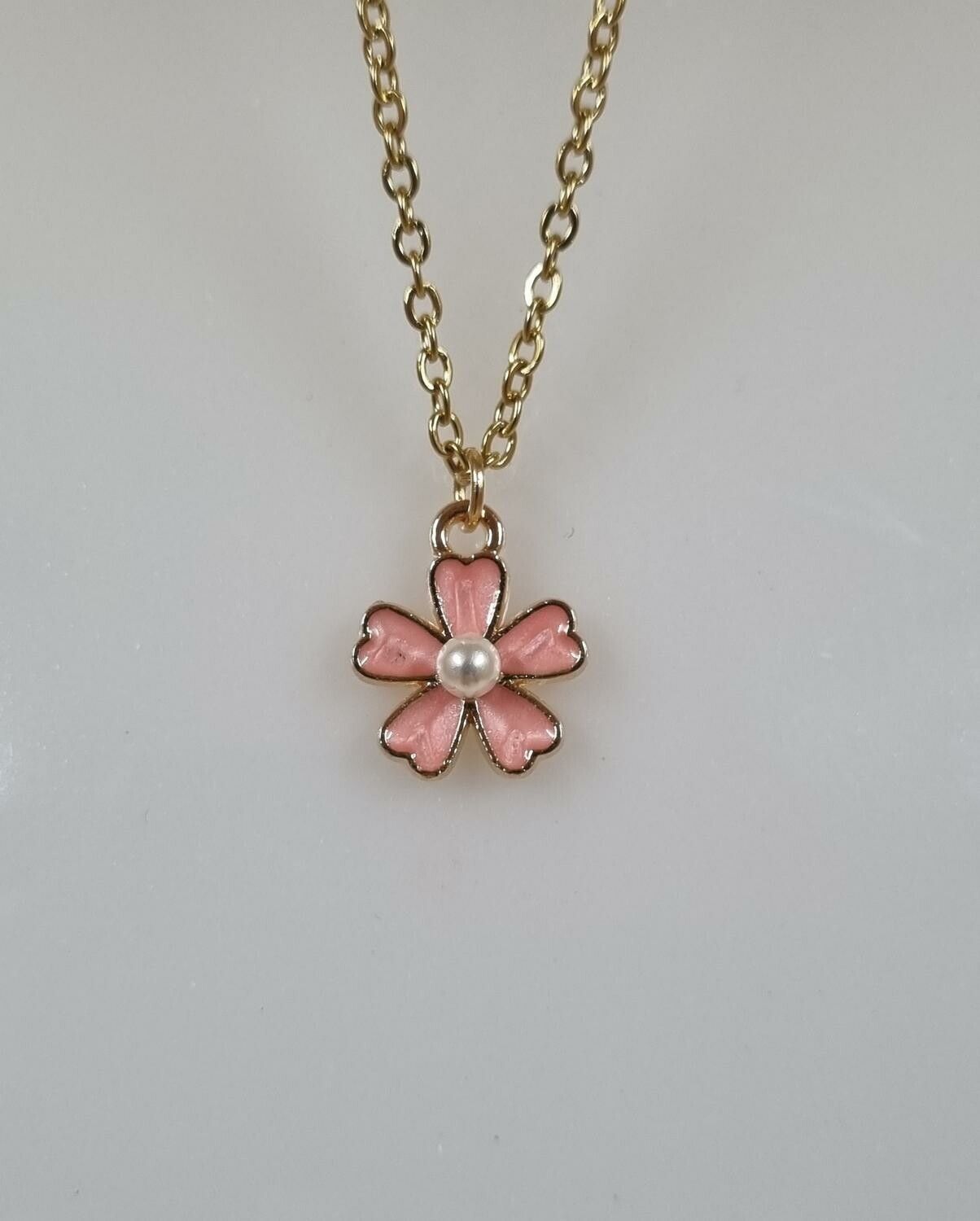 Halsband (50 cm) i rostfritt stål med söt berlock - Rosa blomma