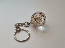 Nyckelring Glaskula glasboll med torkad blomma (Vit/gul)