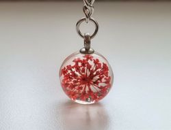 Nyckelring Glaskula glasboll med torkad blomma (Orange/röd)