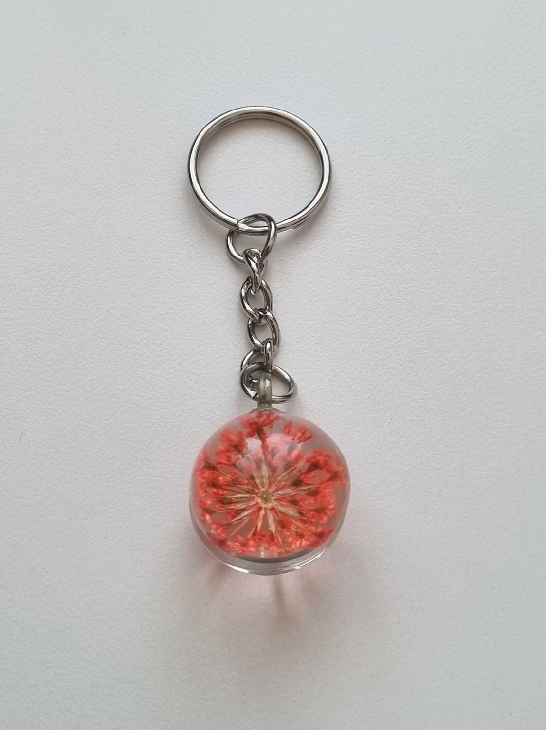 Nyckelring Glaskula glasboll med torkad blomma (Orange/röd)