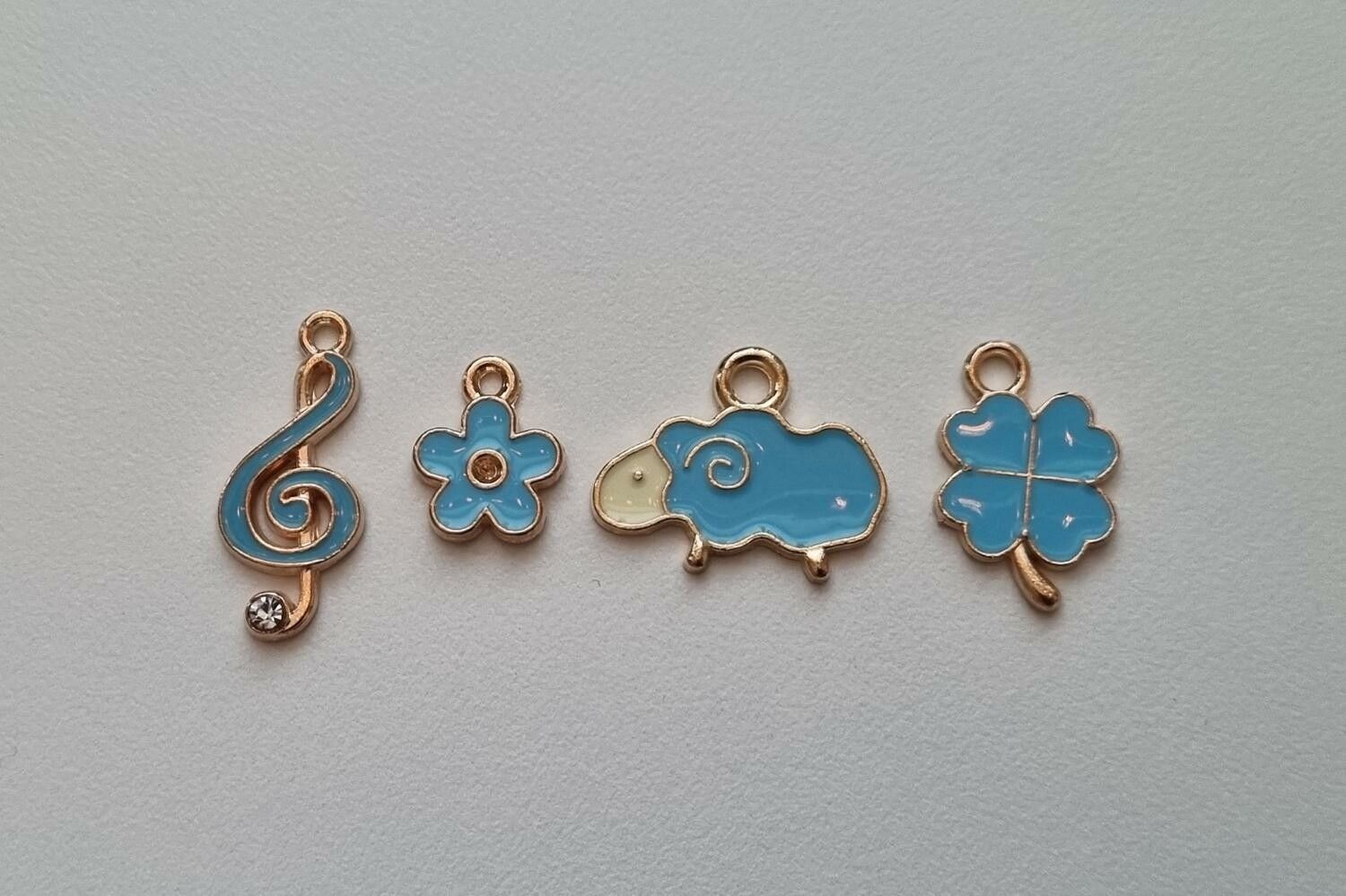 4 st blå Berlocker Charms (får, fyrklöver, blomma och not)