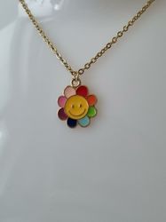 Halsband i rostfritt stål med söt berlock (45 cm) - Smileyblomma