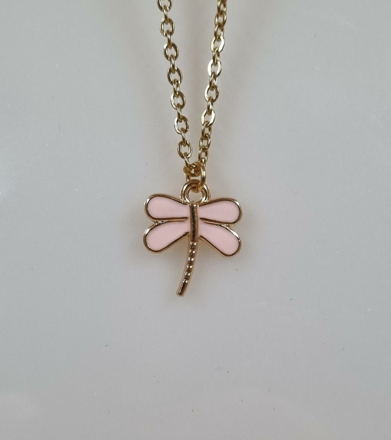 Halsband i rostfritt stål med söt berlock (50 cm) - Rosa trollslända