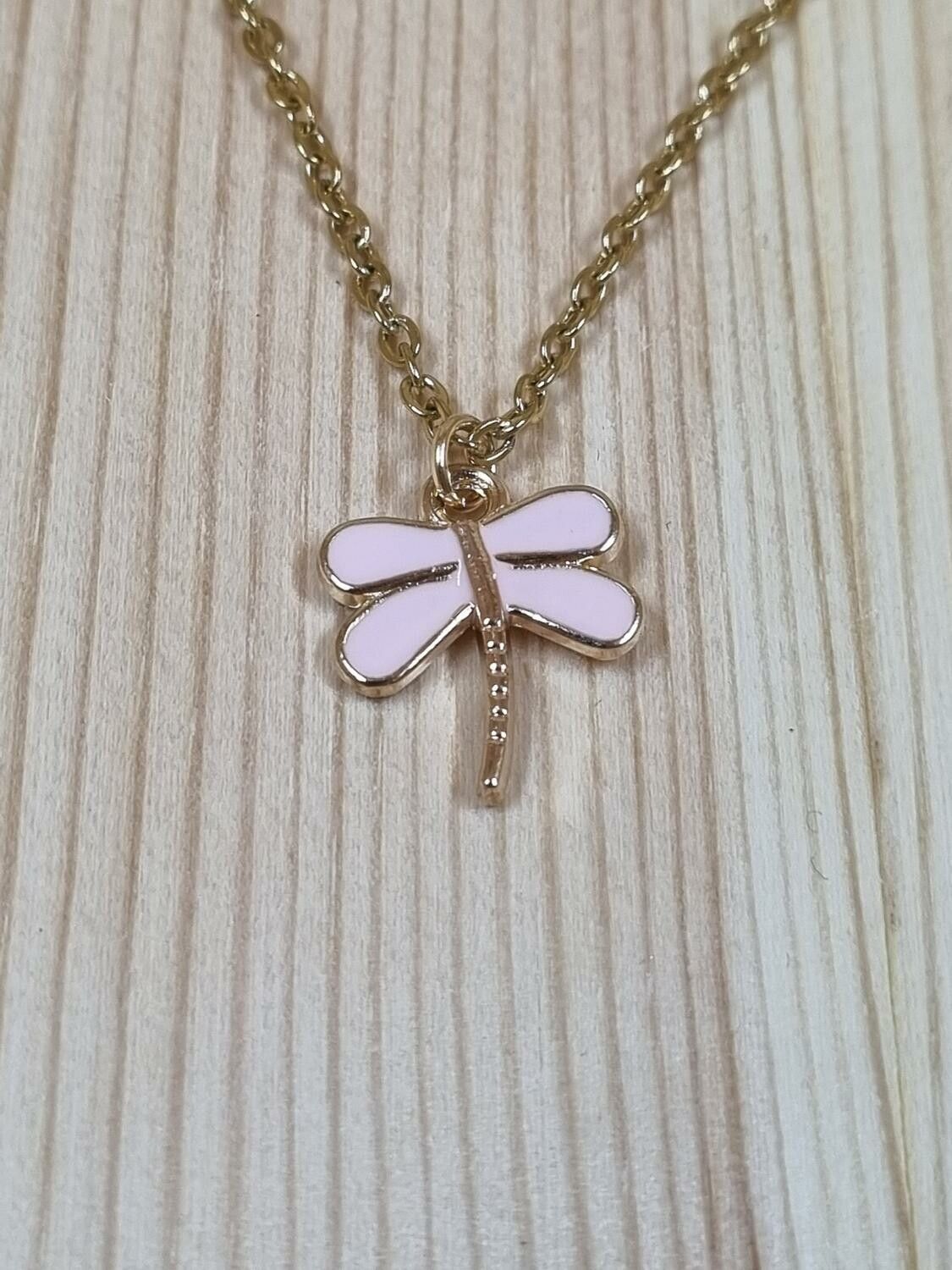 Halsband i rostfritt stål med söt berlock (50 cm) - Rosa trollslända