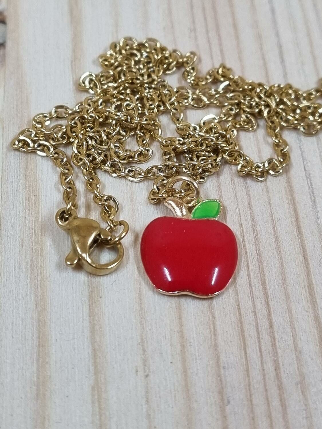 Halsband (55 cm) i rostfritt stål med söt berlock - Äpple