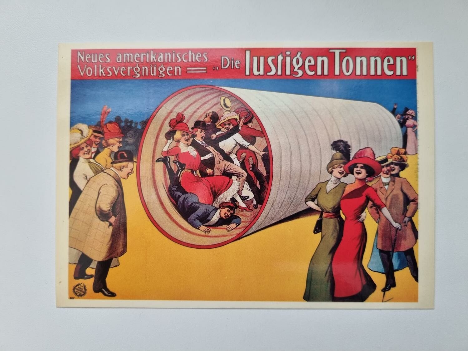 Vykort - Neues amerikanisches volksvergnügen die lustigen tonnen