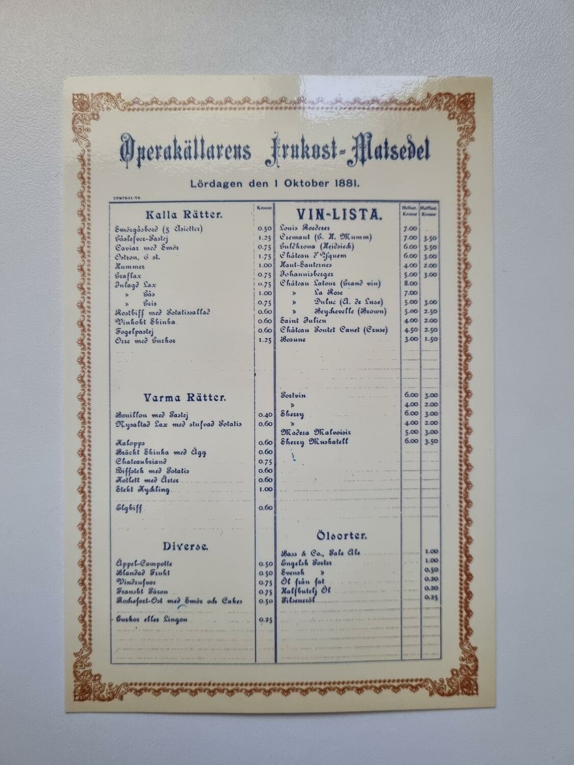 Vykort - Operakällarens Frukost-Matsedel, Stockholm