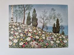 Vykort - Oskar Bergman, Blommor vid sjö