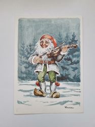 Vykort - Julkort, Rune Wenliden - Tomteskägget i fiolen