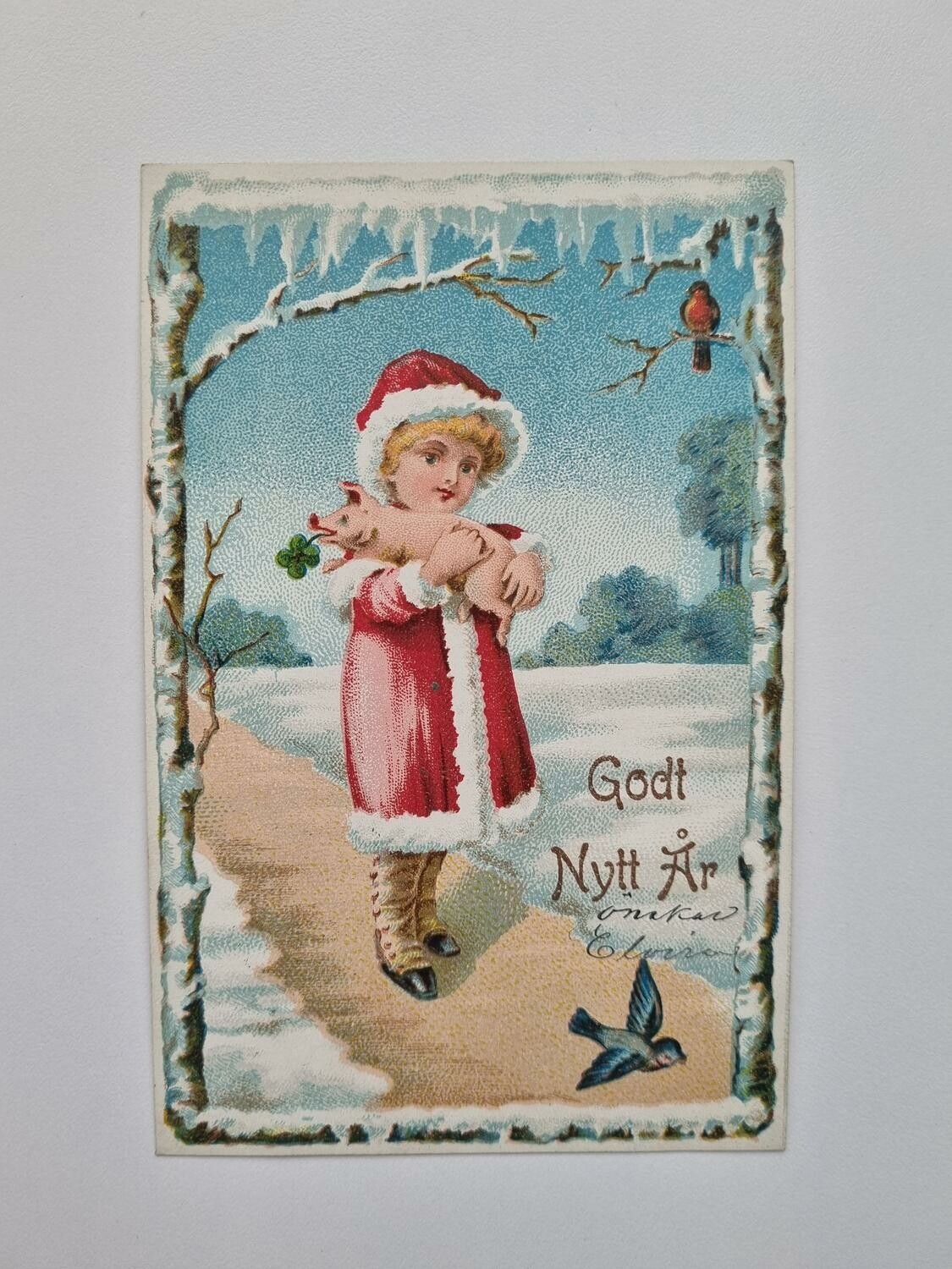 Vykort / brefkort, Julkort. Flicka med gris 1905