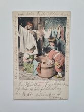 Vykort / brefkort. Barn som tvättar / stortvätt 1906 (H. Kaulbach)