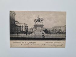Vykort Christiansborg Slot m. Fr. VII's Statue, 1903 Hilsen fra København