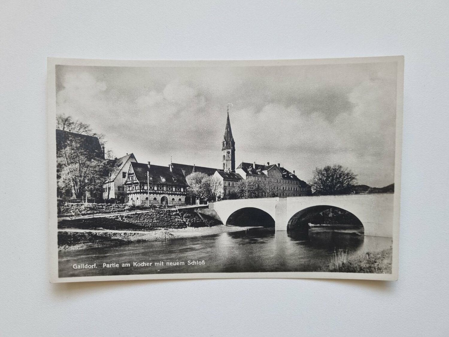 Vykort Gaildorf. Partie am Kocher mit neuem Schloß