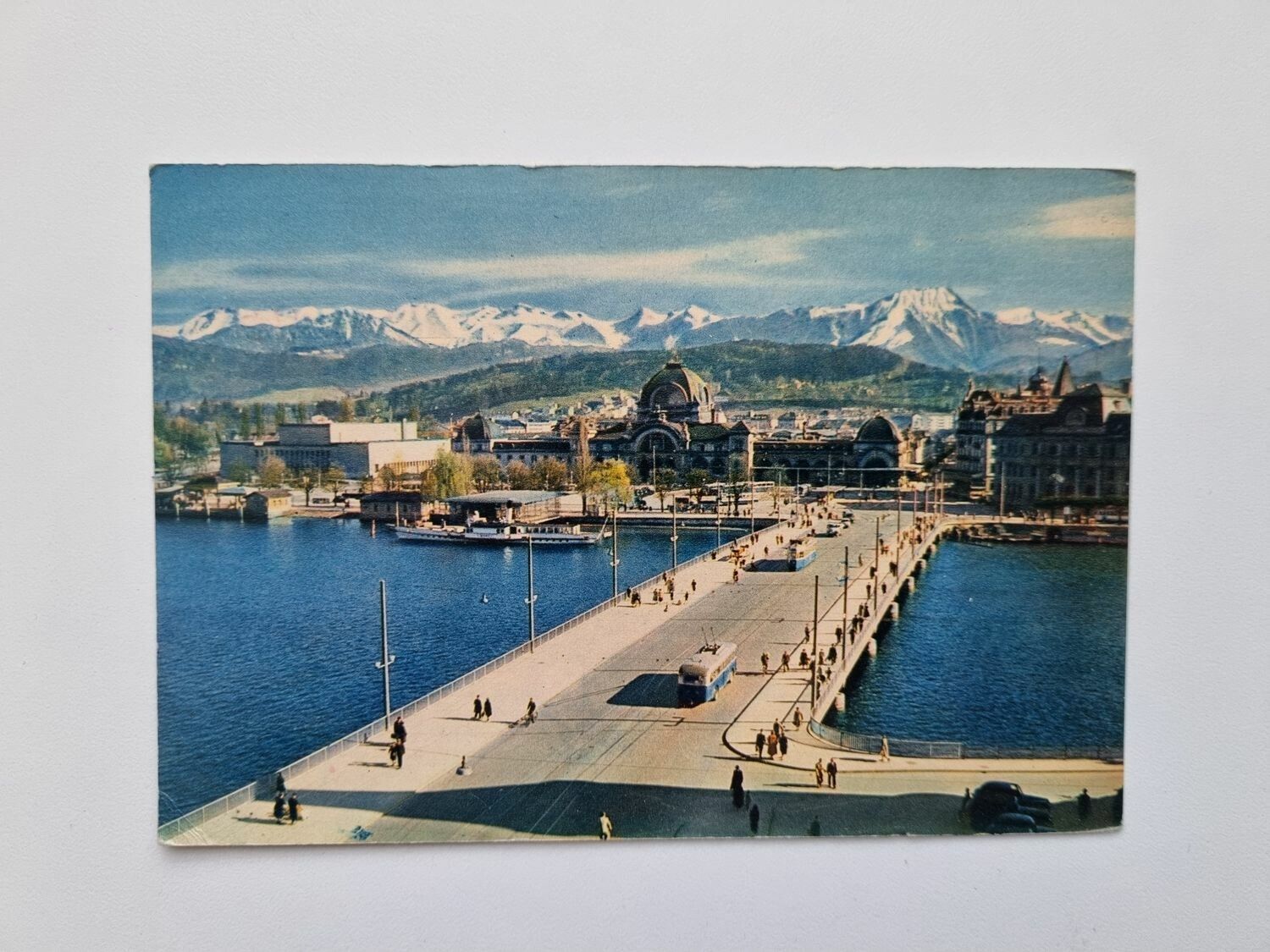 Vykort Lucerne, Lake Bridge, Station and Mountains