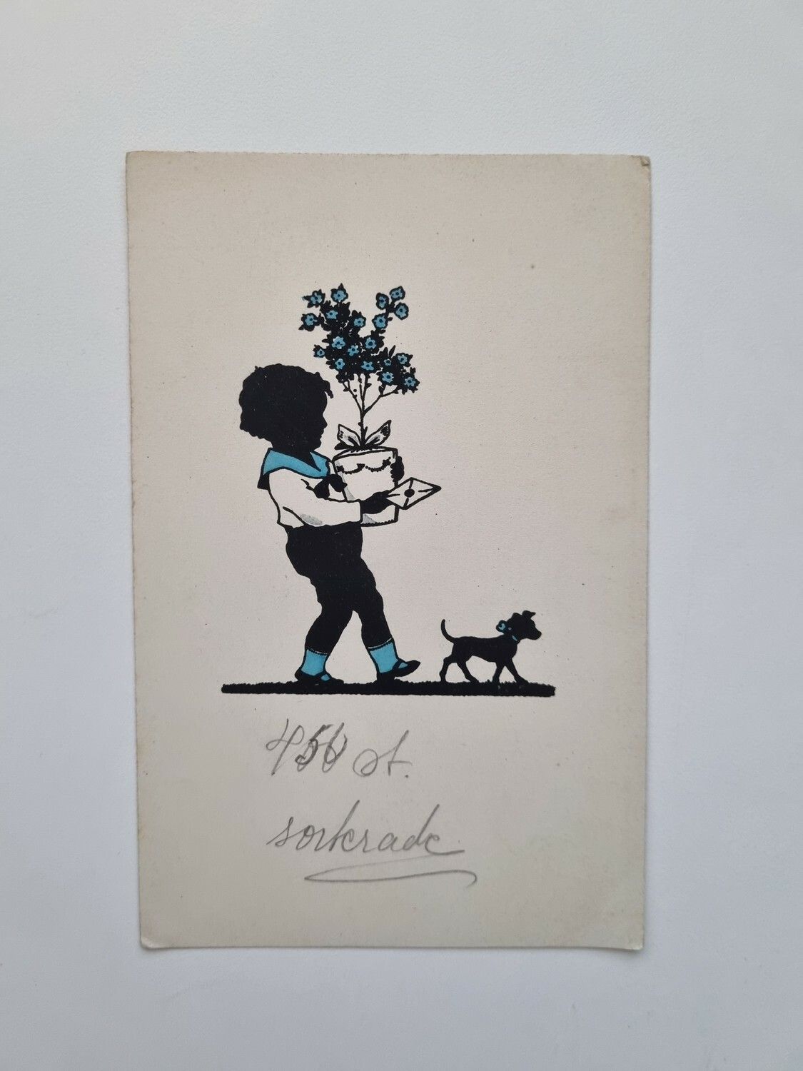 Vykort Pojke med blomma och hund