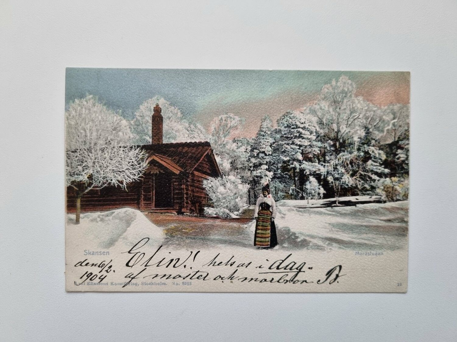 Vykort Skansen, kvinna i folkdräkt, 1904