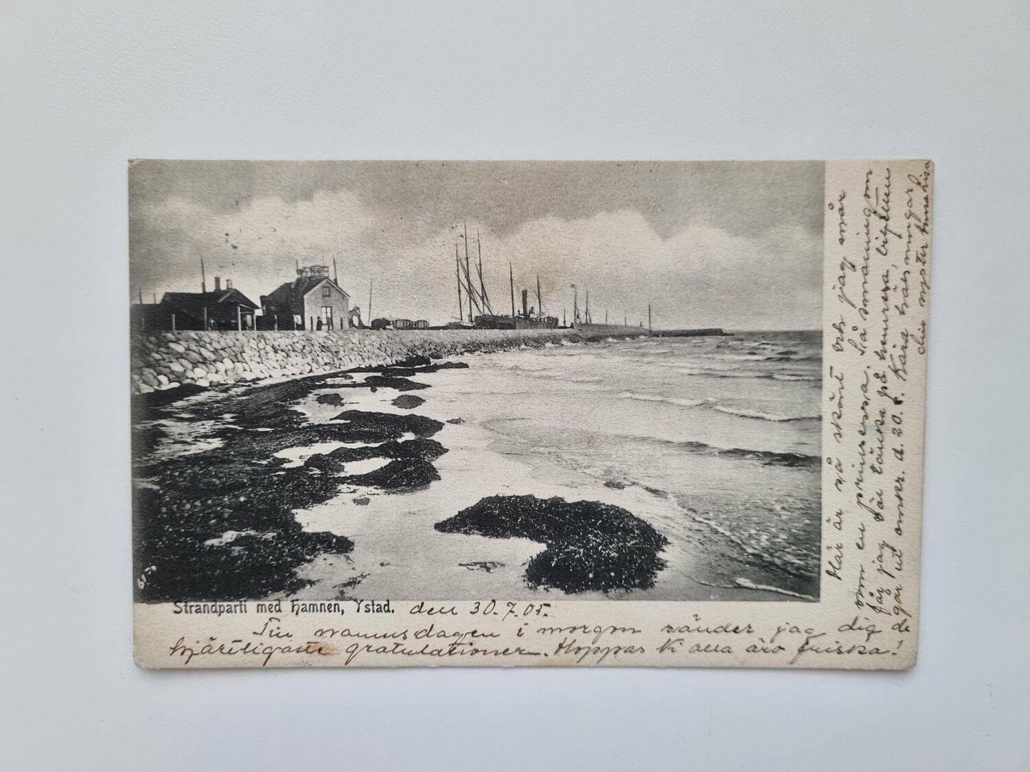 Vykort Strandparti med hamnen, Ystad, 1905