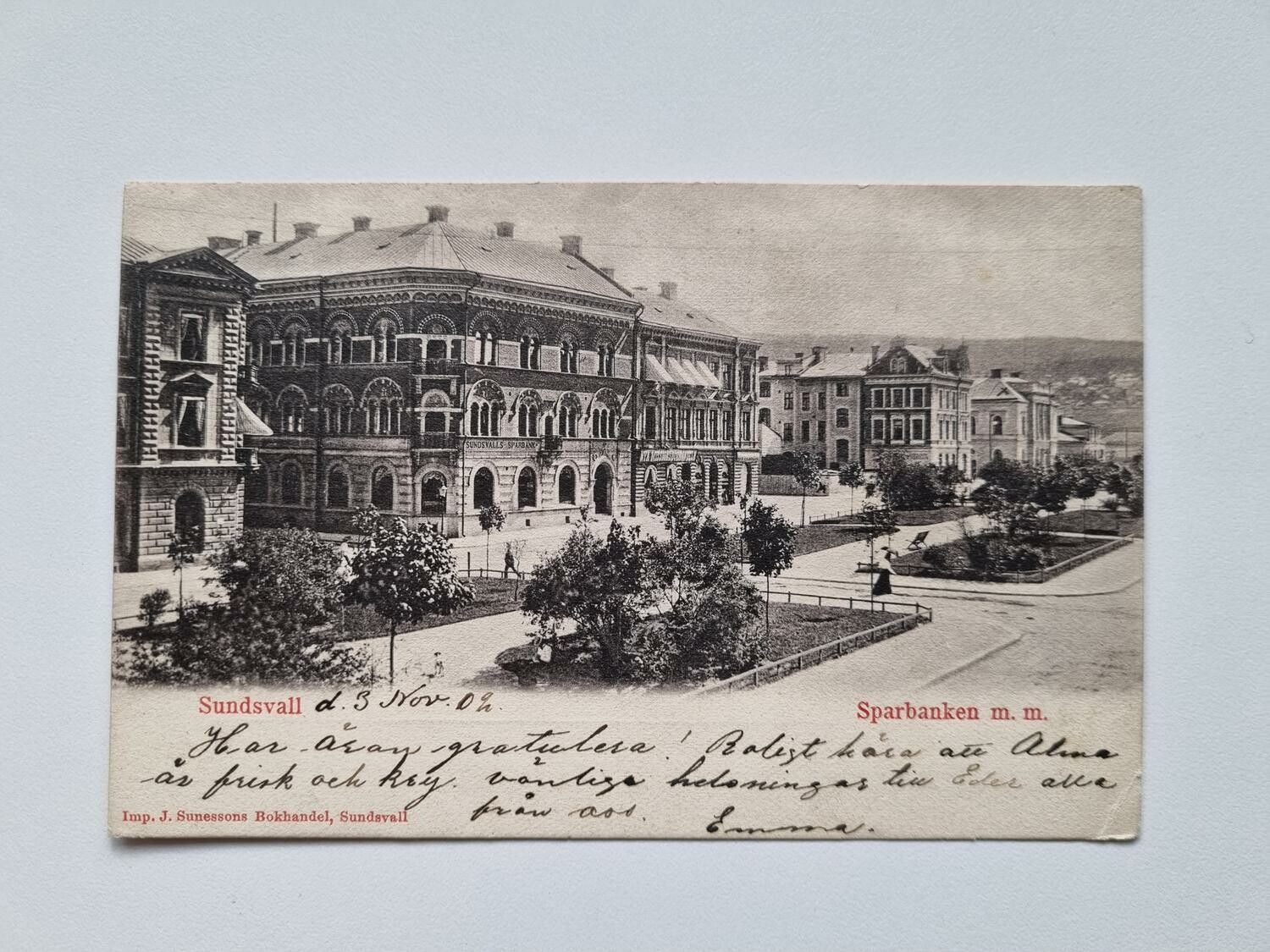 Vykort Sundsvall Sparbank mm, 1902