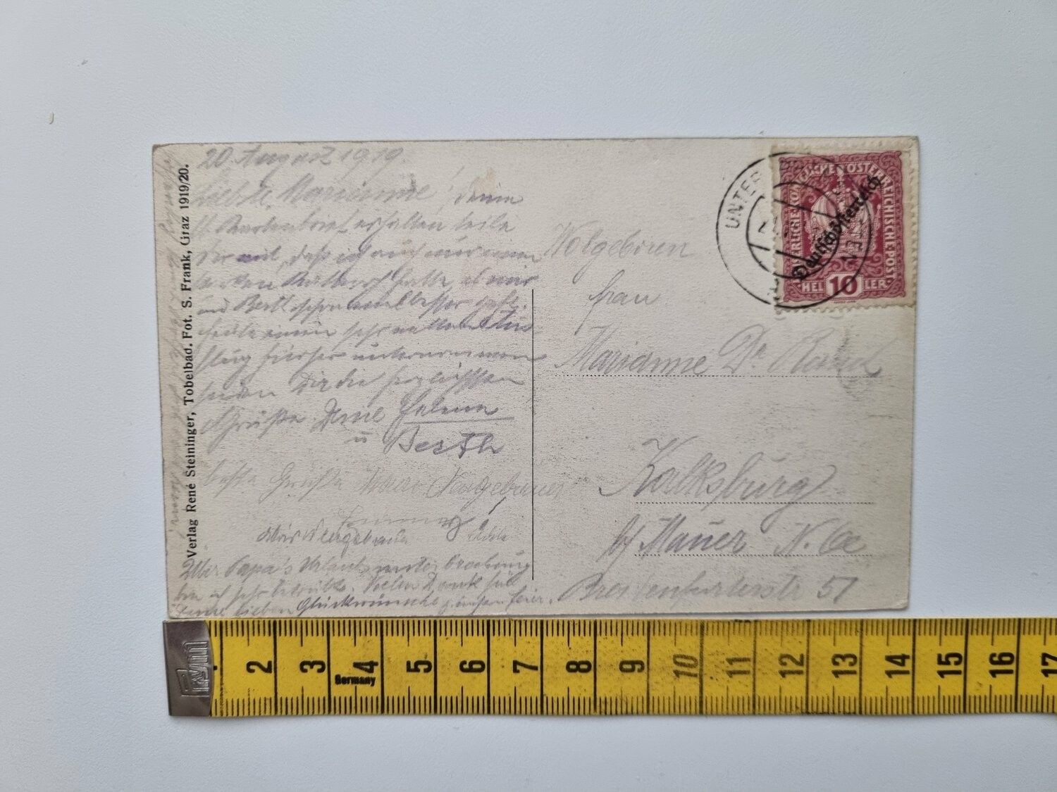 Vykort Tobelbad, Steiermark. Ferdinand Bad, 1919