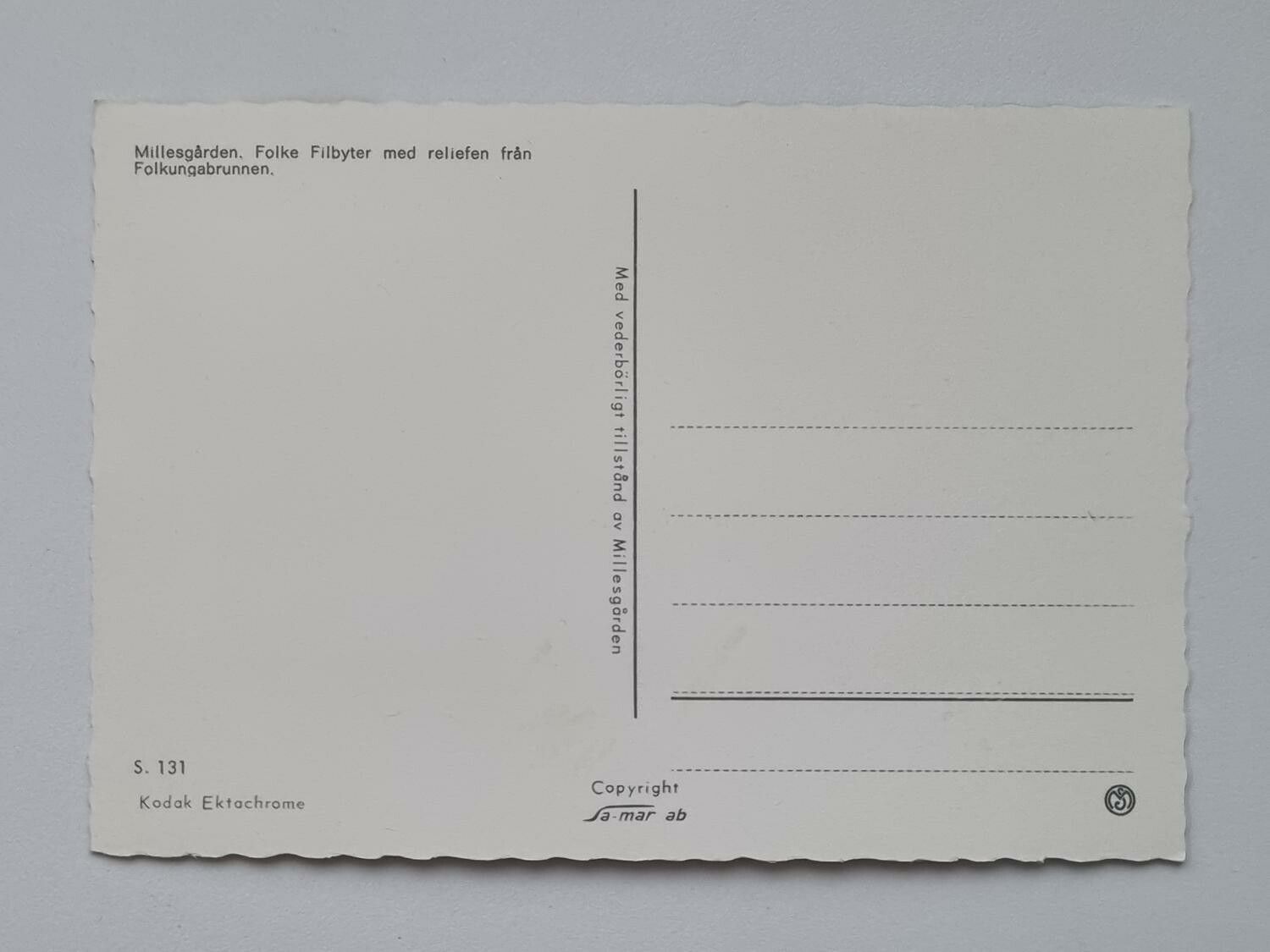 Vykort - Millesgården. Folke Filbyter med reliefen från Folkungabrunnen