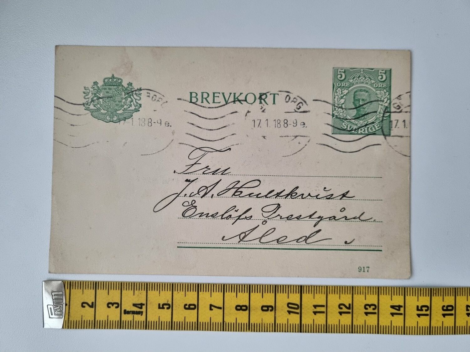 Äldre brevkort till Åled. Stämplat 1918