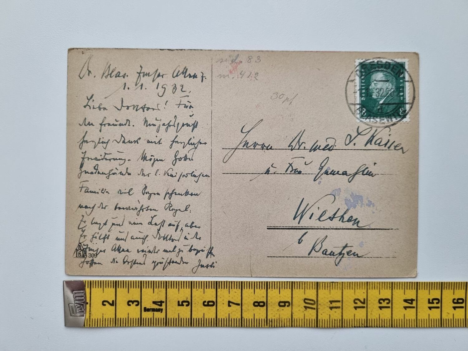 Äldre handmålat vykort, år 1932