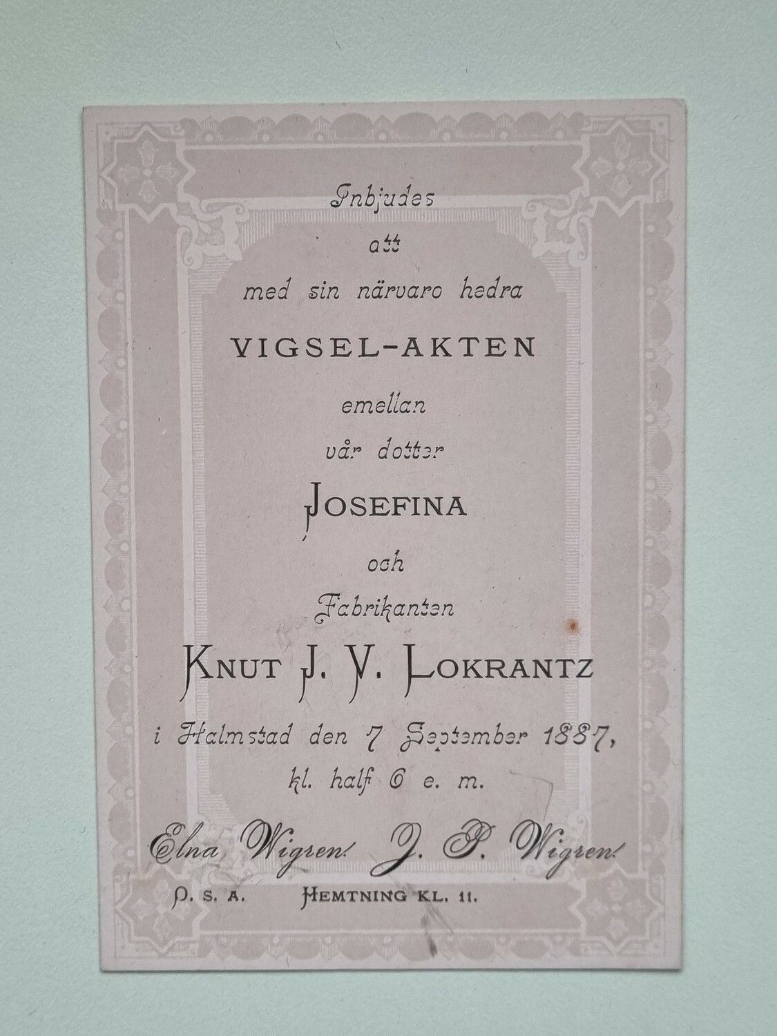 Äldre kort, Inbjudan till vigsel år 1887