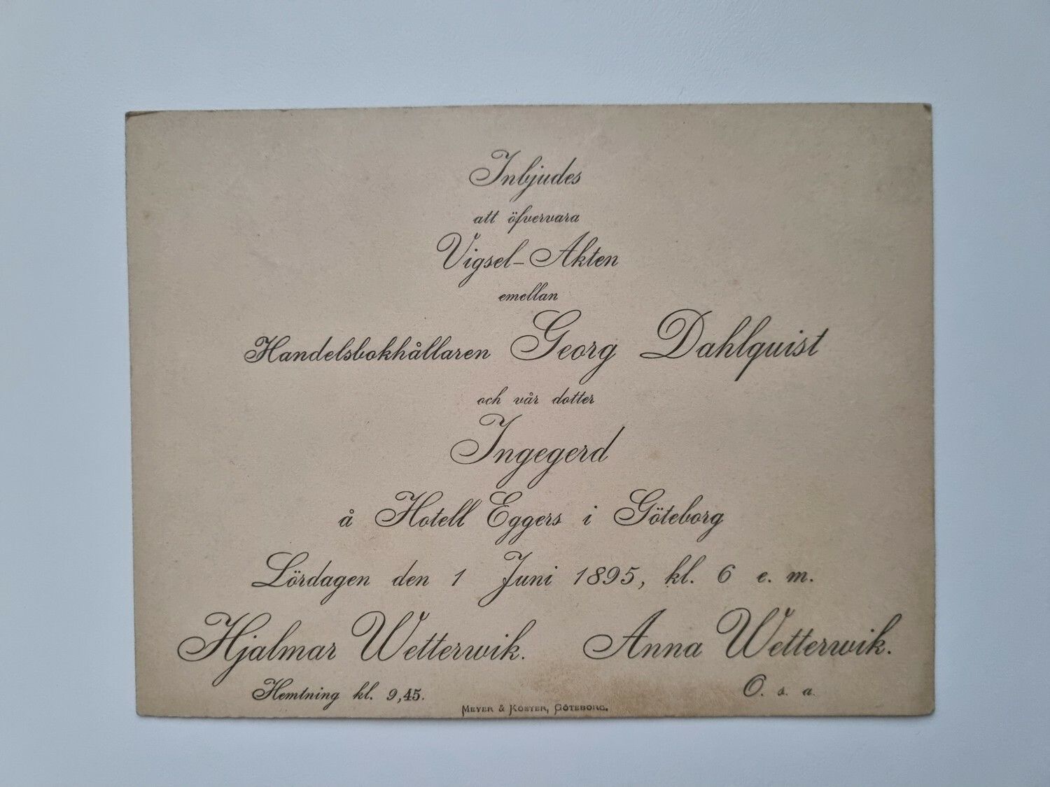 Äldre kort, Inbjudan till vigsel 1895