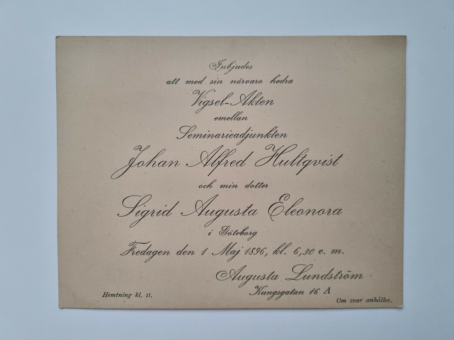 Äldre kort, Inbjudan till vigsel 1896