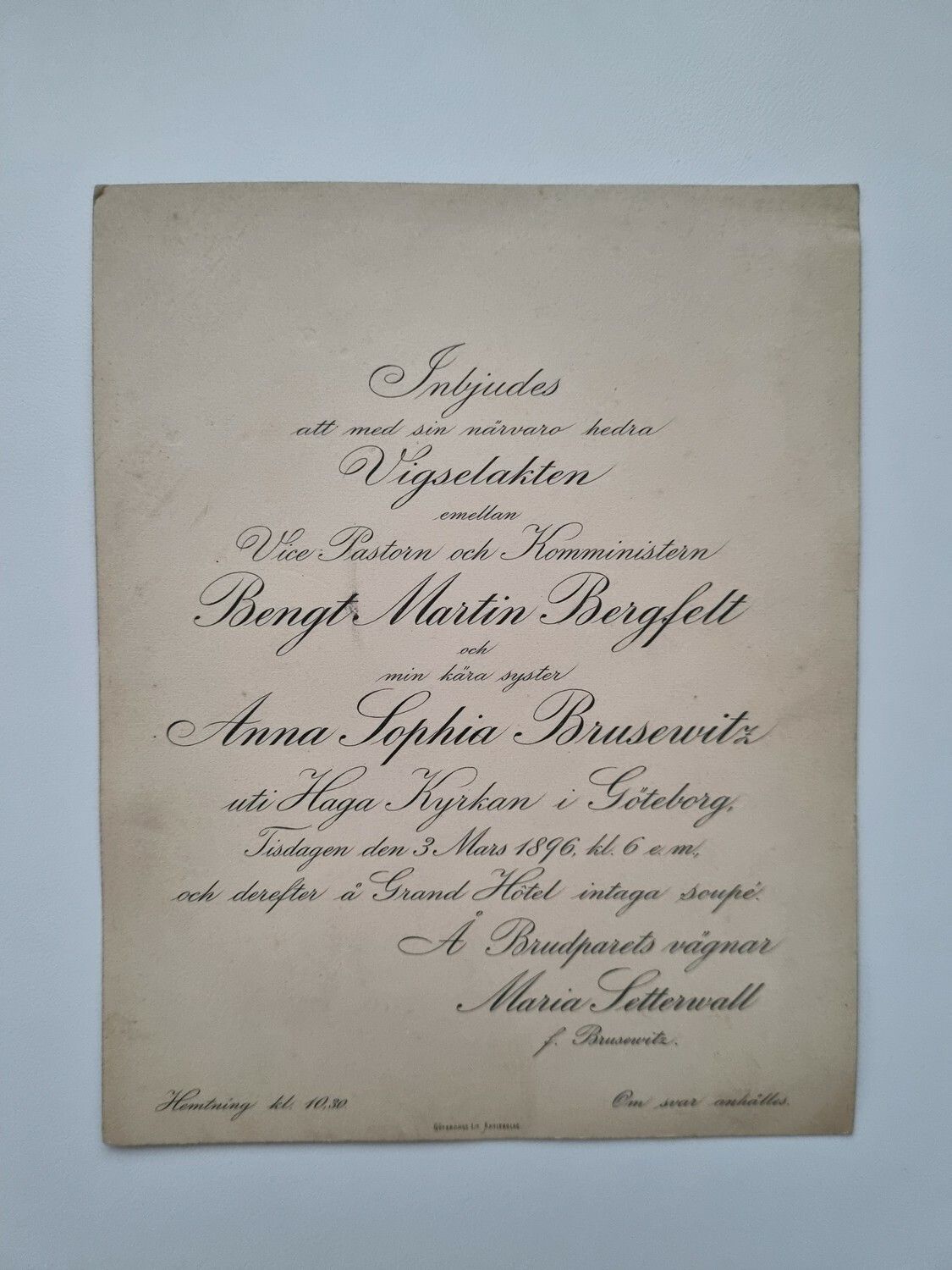 Äldre kort, Inbjudan till vigsel, 1896