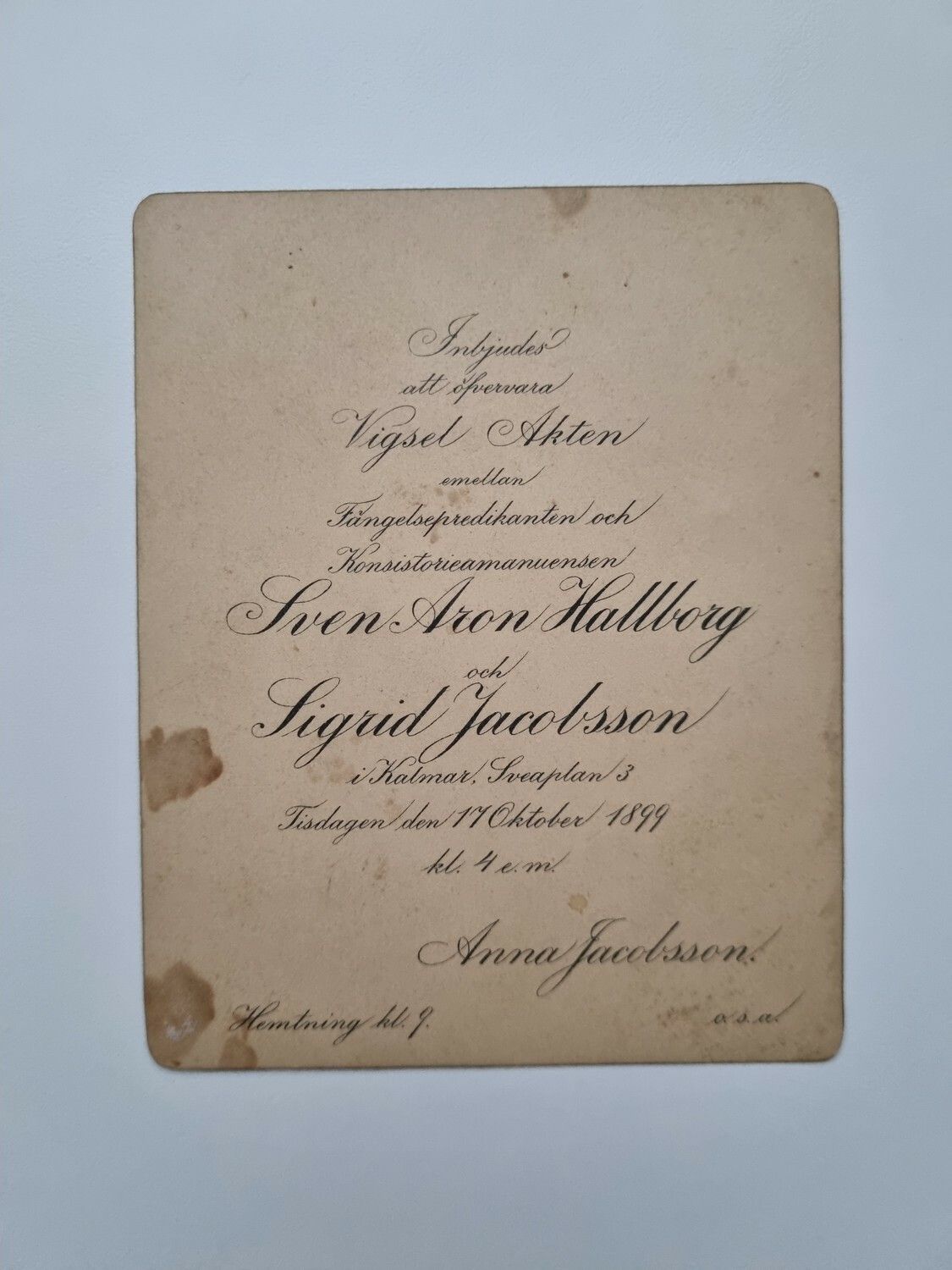 Äldre kort, Inbjudan till vigsel, 1899