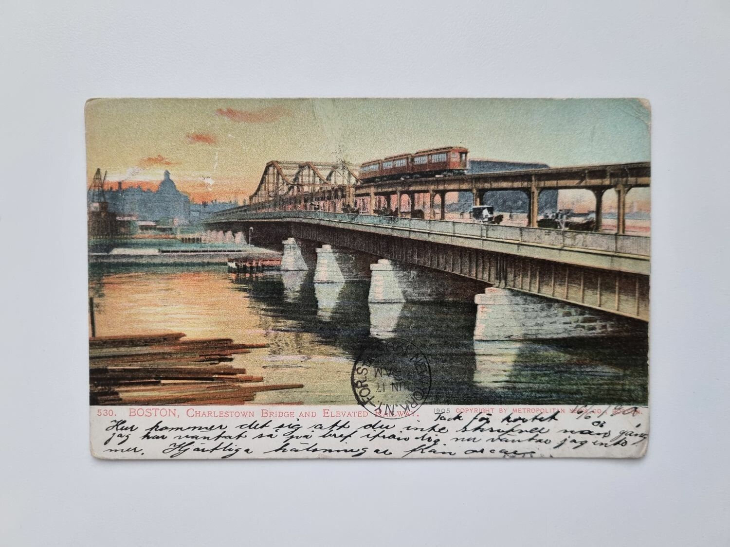 Äldre vykort BOSTON, CHARLESTOWN BRIDGE, AND ELEVATED RAILWAY